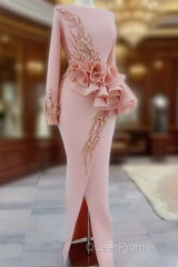 Blush Pink Aso Ebi Evening Dresses Long Sleeves Peplum Beads Appliques Pearls Side Split Mermaid Evening Prom Dresses
