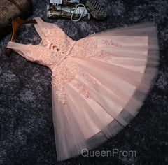 Blush Pink Lace Appliqued Tulle Homecoming Dresses,Formal Dresses