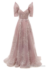 Blushing Pink Lace Crystal Sequin Long Prom Dresses Luxury Evening Gowns Vintage Party Dresses