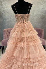 Blushing Pink Tulle Ruffle Layers Lace-Up Back A-Line Evening Prom Dresses