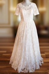 Boat Neck Short Sleeve Vintage Lace Floor Length Ivory Wedding Dresses