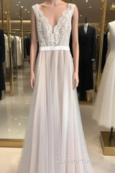 Boho Lace Appliques Tulle Long Wedding Dresses Beach