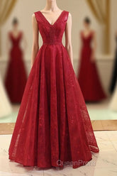 Burgundy V Neck Lace Long Evening Prom Gown Burgundy Evening Dresses