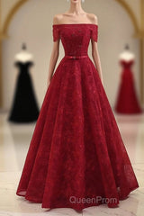 Burgundy a Line Lace Long Evening Prom Dresses, Burgundy Evening Dresses