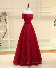 Burgundy a Line Lace Long Evening Prom Dresses, Burgundy Evening Dresses