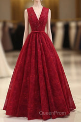 Burgundy V Neck Lace Long Evening Prom Dresses, Burgundy Evening Dresses