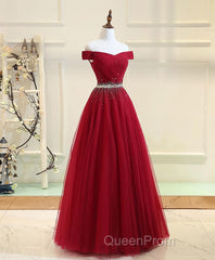Burgundy Tulle Off Shoulder Long Evening Prom Dresses, Burgundy Evening Dresses