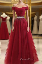 Burgundy Tulle Off Shoulder Long Evening Prom Dresses, Burgundy Evening Dresses