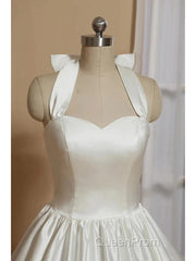 Bridal Shower Little White Dresses Wedding Dresses Tea Length A-Line Sleeveless Halter Satin With Bow(S) Pleats