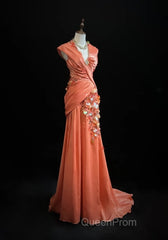 Bright Orange Mermaid V-Neck Satin Beaded Long Evening Prom Dresses Sequined Evening Gown