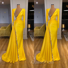 Bright Yellow V-neck Metallic Sequin Long sleeves Evening Prom Dresses
