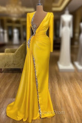 Bright Yellow V-neck Metallic Sequin Long sleeves Evening Prom Dresses