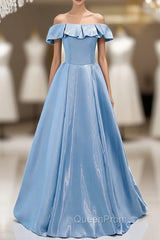 Brilliant Blue Satin Off the Shoulder Evening Prom Dresses