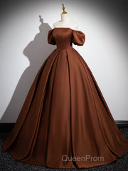 Brown A-Line Satin Long Evening Prom Dresses, Brown Long Formal Dresses