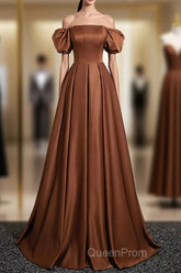 Brown A-Line Satin Long Evening Prom Dresses, Brown Long Formal Dresses