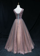 Brown A-Line Tulle Long Formal Dresses Features Plunge Neck With Mesh Insert Evening Prom Dresses,