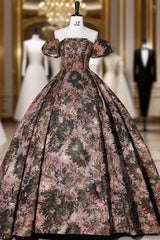 Brown Print Strapless Quinceanera Dresses Detachable Sleeve