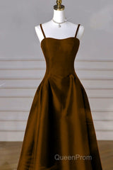 Brown Satin A-Line Sweetheart Long Formal Dresses, Simple Brown Evening Dresses