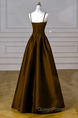 Brown Satin A-Line Sweetheart Long Formal Dresses, Simple Brown Evening Dresses