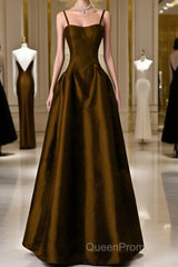 Brown Satin A-Line Sweetheart Long Formal Dresses, Simple Brown Evening Dresses