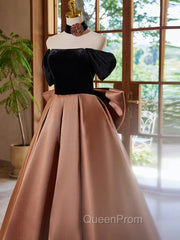 Brown Satin And Black Velvet Evening Prom Dresses, Off Shoulder A-Line Party Dresses