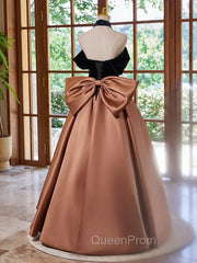 Brown Satin And Black Velvet Evening Prom Dresses, Off Shoulder A-Line Party Dresses