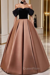 Brown Satin And Black Velvet Evening Prom Dresses, Off Shoulder A-Line Party Dresses
