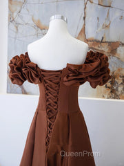 Brown Satin Off Shoulder A-Line Evening Prom Dresses, Brown Satin Evening Dresses Formal Dresses