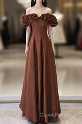 Brown Satin Off Shoulder A-Line Evening Prom Dresses, Brown Satin Evening Dresses Formal Dresses