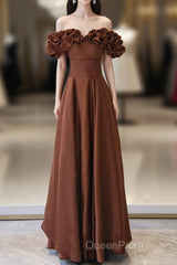 Brown Satin Off Shoulder A-Line Evening Prom Dresses, Brown Satin Evening Dresses Formal Dresses