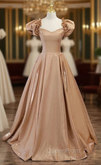 Brown Satin Puff Sleeve Beading Evening Prom Dresses