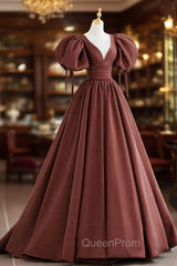 Brown Satin Short Sleeves Long Party Dresses, Brown V-neckline Evening Prom Dresses