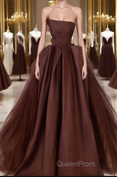 Brown Satin Tulle Long Evening Prom Gown, Brown Long Evening Dresses