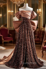 Brown Sequins Satin Pleats Evening Prom Dresses With Bow
