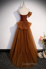 Brown Tulle And Satin Mermaid Long Party Dresses, Long Formal Dresses Evening Prom Dresses