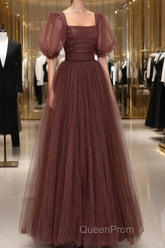 Brown Tulle Floor Length Evening Prom Dresses, A-Line Short Sleeve Evening Party Dresses