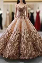 Brown Vintage Ball Gown Spaghetti Straps Wedding Dresses With Pearls