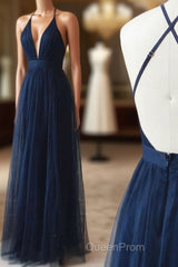 Simple Tulle Blue Long Evening Prom Dresses, A Line Backless Evening Dresses