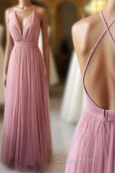 Simple Tulle Long Evening Prom Dresses, A Line Backless Evening Dresses