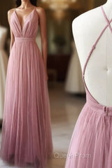 Simple Tulle Long Evening Prom Dresses, A Line Backless Evening Dresses