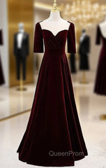 Burgudny Velvet Square Short Sleeve Pleats Evening Prom Dresses