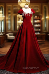 Burgundy A Line Beaded Velvet Long Evening Prom Dresses