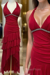 Burgundy A-Line Halter V Neck Chiffon Backless Evening Prom Dresses,Bridesmaid Dresses With Ankle Length