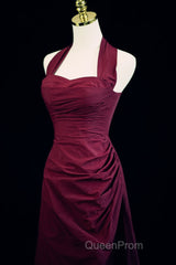 Burgundy A-Line Halter Vintage Style Evening Prom Dresses, Burgundy Long Evening Dresses