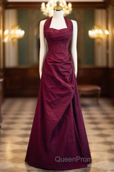 Burgundy A-Line Halter Vintage Style Evening Prom Dresses, Burgundy Long Evening Dresses