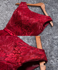 Burgundy A Line Lace Short Prom Dress, Burgundy Evening Dress