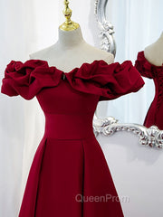 Burgundy A-Line Off Shoulder Satin Short Evening Prom Dresses, Burgundy Homecoming Dresses