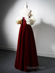 Burgundy A-Line Off Shoulder Velvet Lace Long Evening Prom Dresses, Burgundy Long Formal Dresses