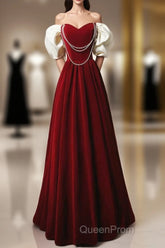 Burgundy A-Line Off Shoulder Velvet Lace Long Evening Prom Dresses, Burgundy Long Formal Dresses