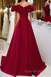 Burgundy A-Line Satin Long Evening Prom Dresses, Burgundy Formal Evening Dresses